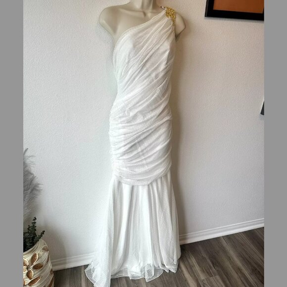 Tadashi Shoji NWT Sz 12 Ivory One Shoulder Ruched Mermaid Gown Lace Formal Bride - Picture 5 of 15